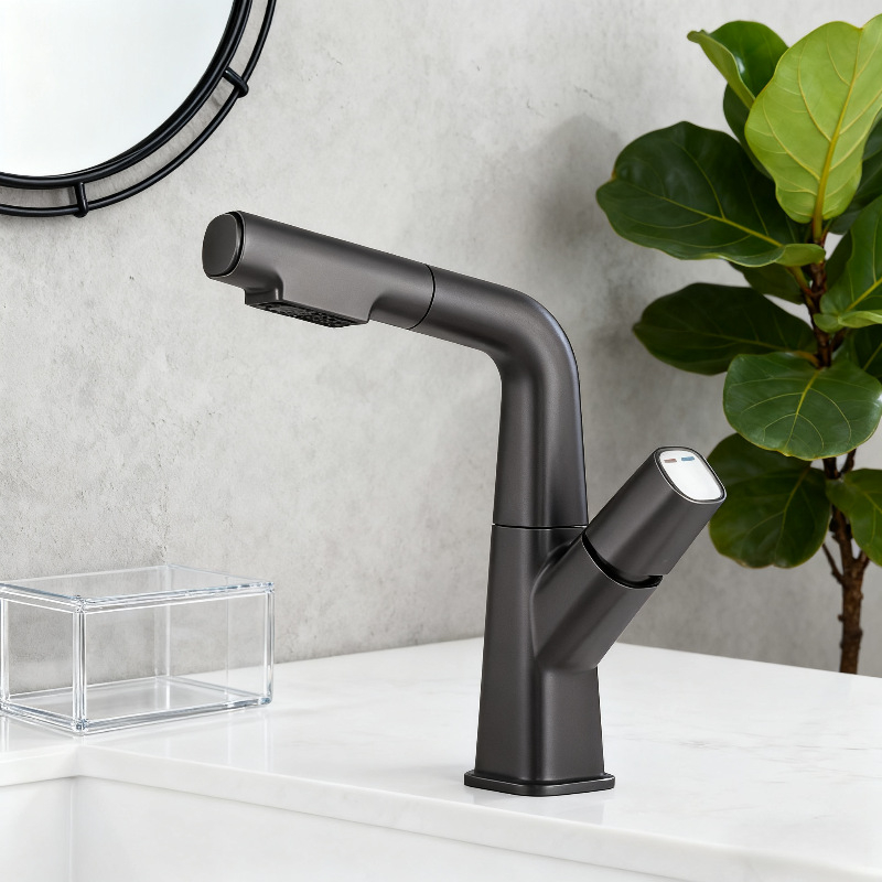 Slavina za umivaonik s izvučnom, od nehrđajućeg čelika s brušenim površinama, ugradnja ispod ploče, miješanje tople i hladne vode, tijelo ventila od mosadze