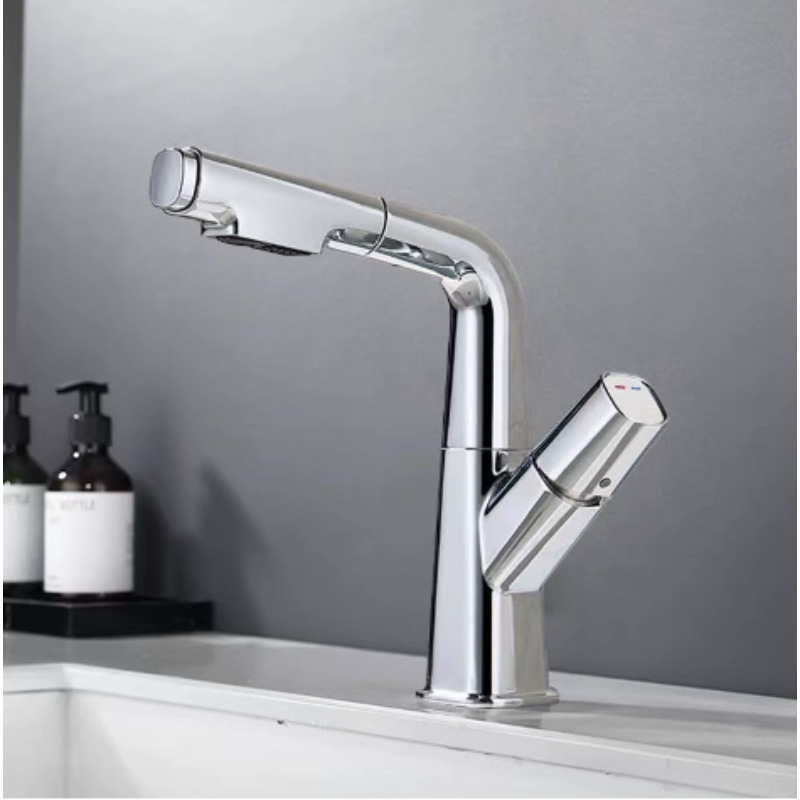 Slavina za umivaonik s izvučnom, od nehrđajućeg čelika s brušenim površinama, ugradnja ispod ploče, miješanje tople i hladne vode, tijelo ventila od mosadze