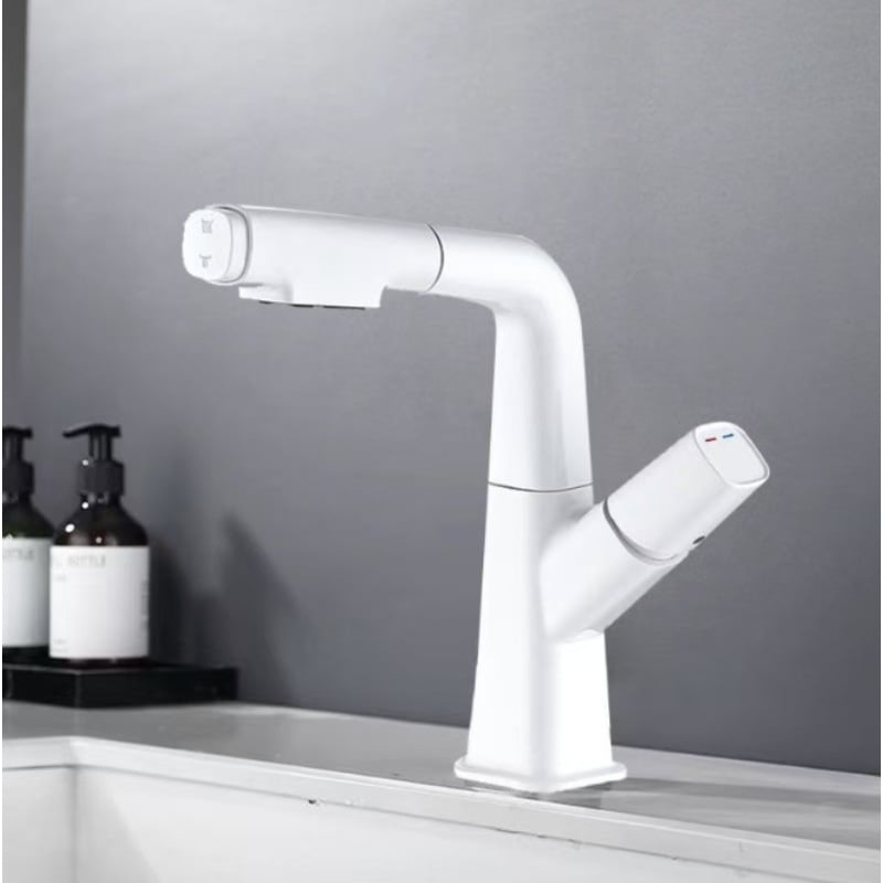 Slavina za umivaonik s izvučnom, od nehrđajućeg čelika s brušenim površinama, ugradnja ispod ploče, miješanje tople i hladne vode, tijelo ventila od mosadze