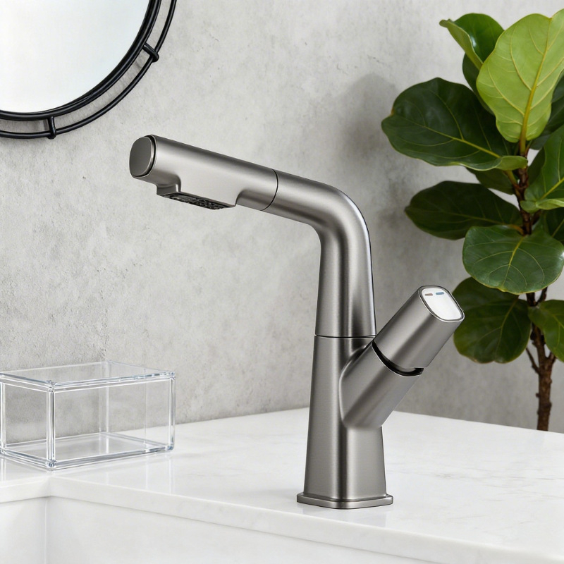 Slavina za umivaonik s izvučnom, od nehrđajućeg čelika s brušenim površinama, ugradnja ispod ploče, miješanje tople i hladne vode, tijelo ventila od mosadze