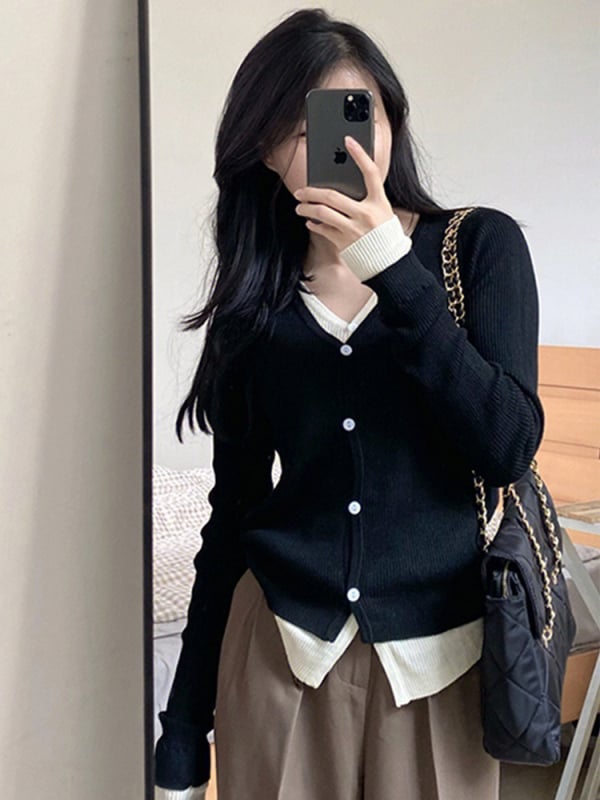 Ζακέτα, πλεκτό μείγμα βισκόζη-πολυεστέρα, V-λαιμό, μακριά μανίκια, χαλαρή εφαρμογή