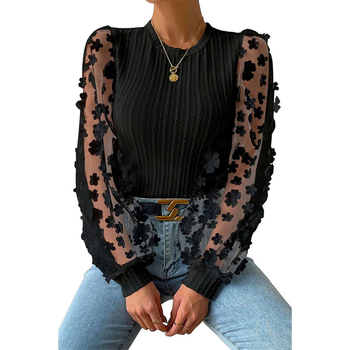 Ženska šifona bluza s mrežastim cvjetnim uzorkom, lantern rukav, okrugli izrez, pulover top (Materijal: šifon; Osnovni materijal: 95%+ poliester; Uzorak: mali lampioni; Vrsta rukava: lantern; Izrez: okrugli)