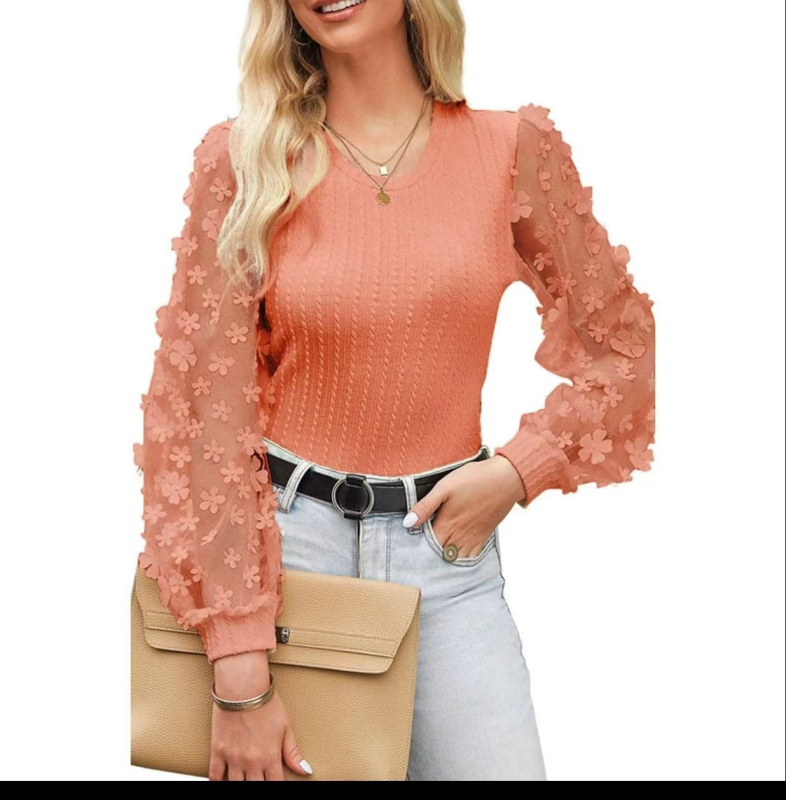 Ženska šifona bluza s mrežastim cvjetnim uzorkom, lantern rukav, okrugli izrez, pulover top (Materijal: šifon; Osnovni materijal: 95%+ poliester; Uzorak: mali lampioni; Vrsta rukava: lantern; Izrez: okrugli)