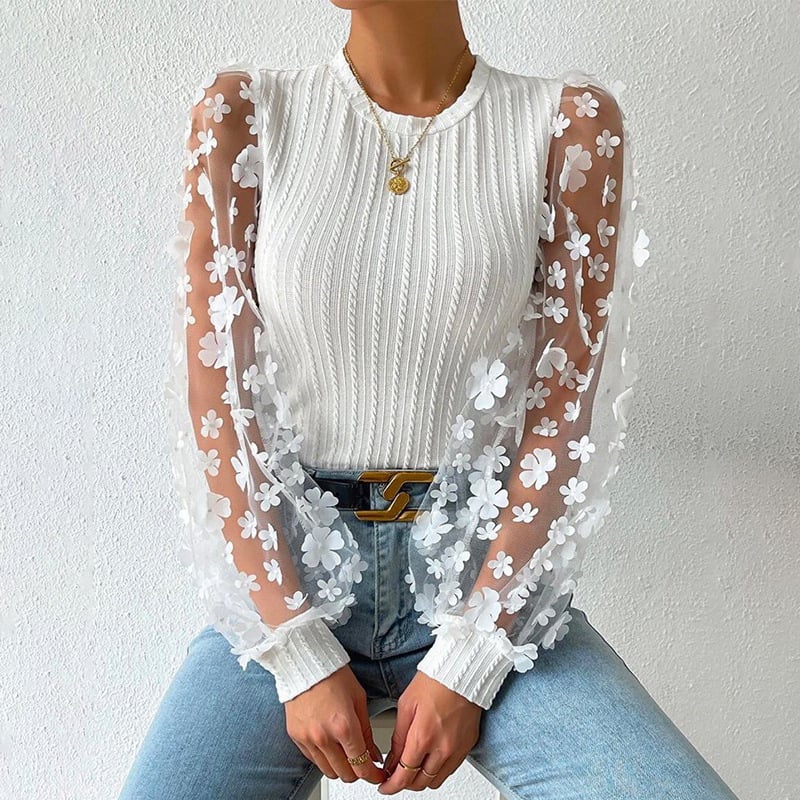 Ženska šifona bluza s mrežastim cvjetnim uzorkom, lantern rukav, okrugli izrez, pulover top (Materijal: šifon; Osnovni materijal: 95%+ poliester; Uzorak: mali lampioni; Vrsta rukava: lantern; Izrez: okrugli)