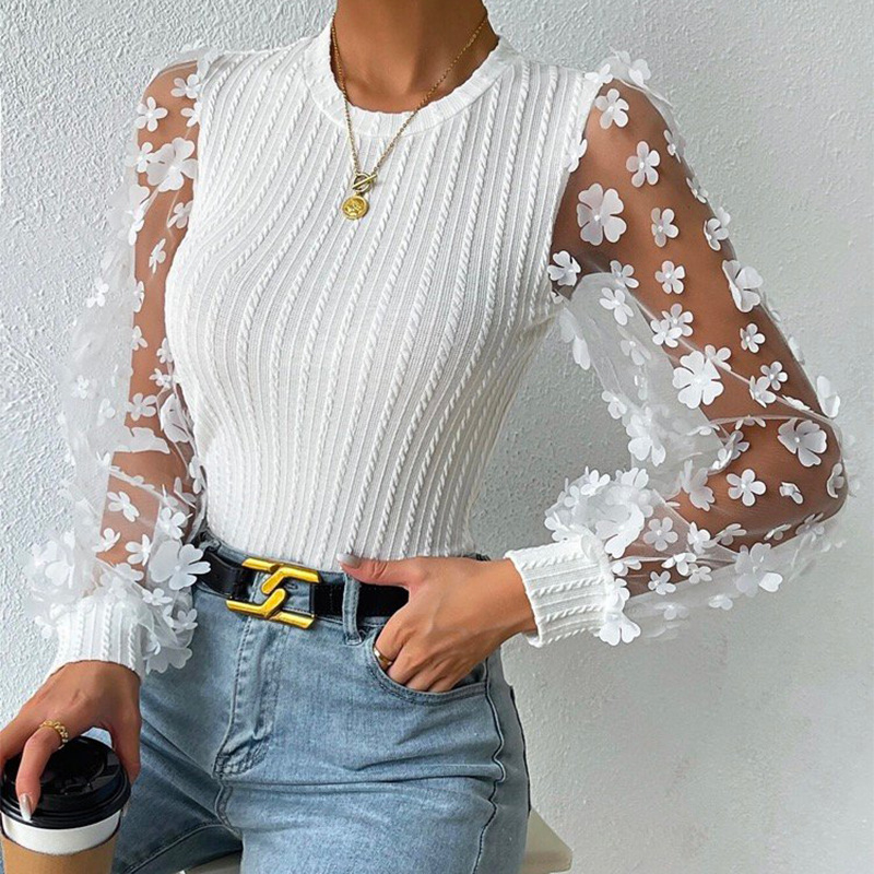 Ženska šifona bluza s mrežastim cvjetnim uzorkom, lantern rukav, okrugli izrez, pulover top (Materijal: šifon; Osnovni materijal: 95%+ poliester; Uzorak: mali lampioni; Vrsta rukava: lantern; Izrez: okrugli)