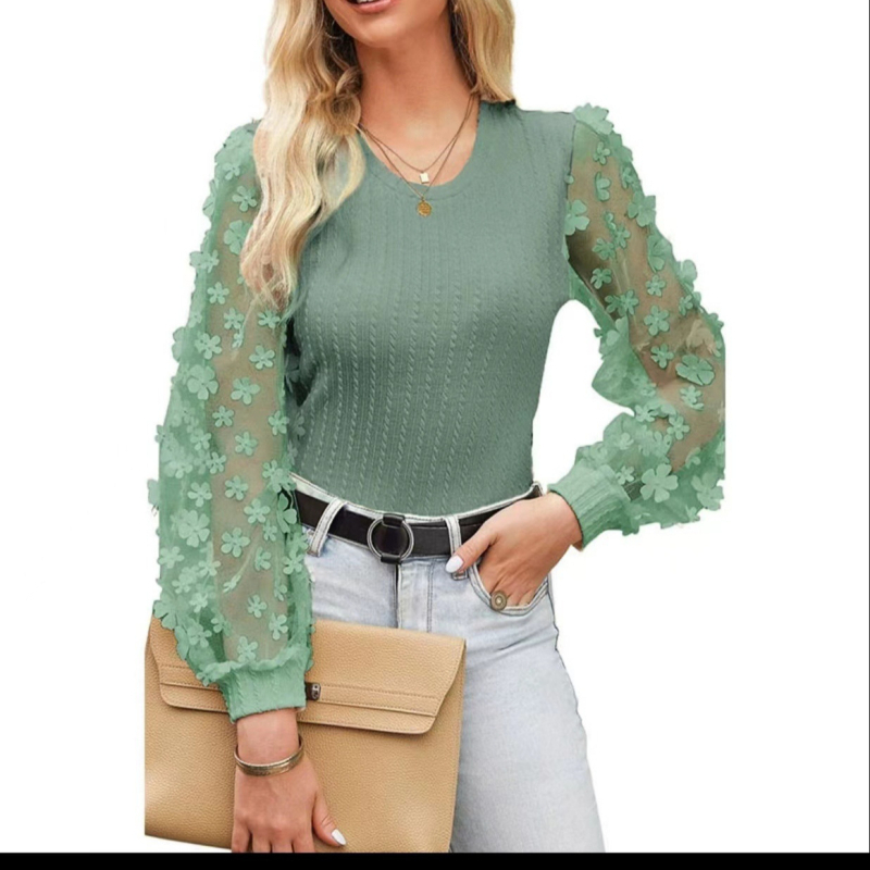 Ženska šifona bluza s mrežastim cvjetnim uzorkom, lantern rukav, okrugli izrez, pulover top (Materijal: šifon; Osnovni materijal: 95%+ poliester; Uzorak: mali lampioni; Vrsta rukava: lantern; Izrez: okrugli)