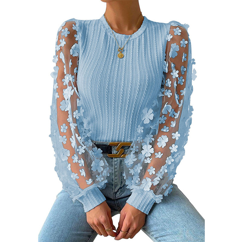 Ženska šifona bluza s mrežastim cvjetnim uzorkom, lantern rukav, okrugli izrez, pulover top (Materijal: šifon; Osnovni materijal: 95%+ poliester; Uzorak: mali lampioni; Vrsta rukava: lantern; Izrez: okrugli)