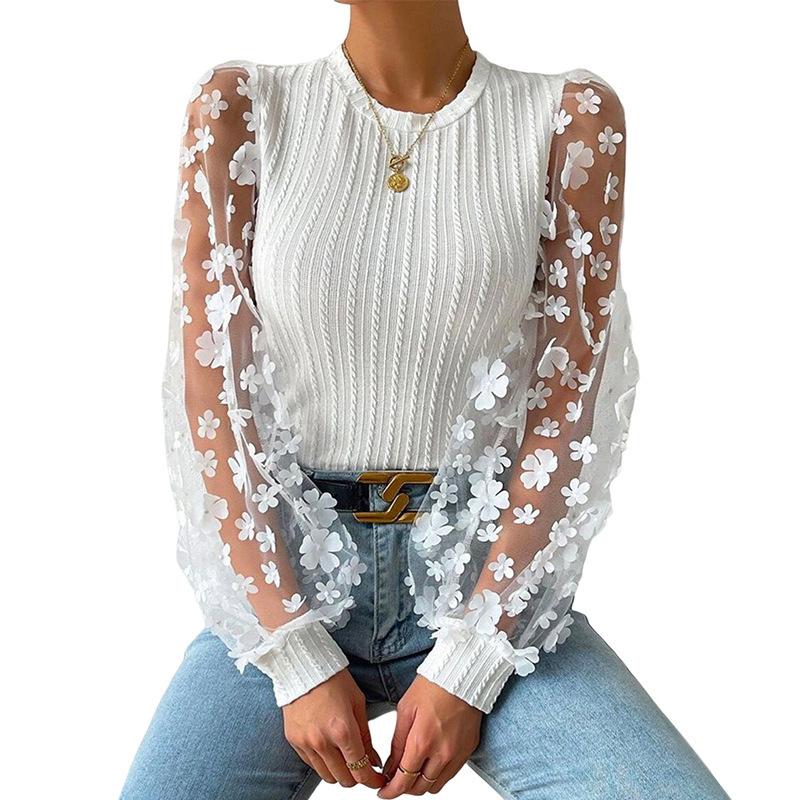 Ženska šifona bluza s mrežastim cvjetnim uzorkom, lantern rukav, okrugli izrez, pulover top (Materijal: šifon; Osnovni materijal: 95%+ poliester; Uzorak: mali lampioni; Vrsta rukava: lantern; Izrez: okrugli)