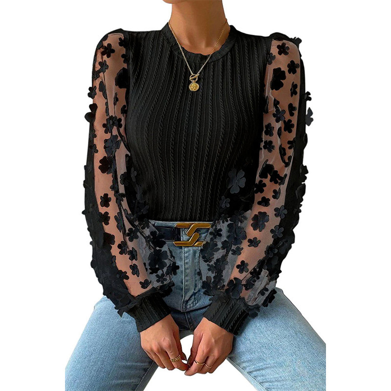 Ženska šifona bluza s mrežastim cvjetnim uzorkom, lantern rukav, okrugli izrez, pulover top (Materijal: šifon; Osnovni materijal: 95%+ poliester; Uzorak: mali lampioni; Vrsta rukava: lantern; Izrez: okrugli)