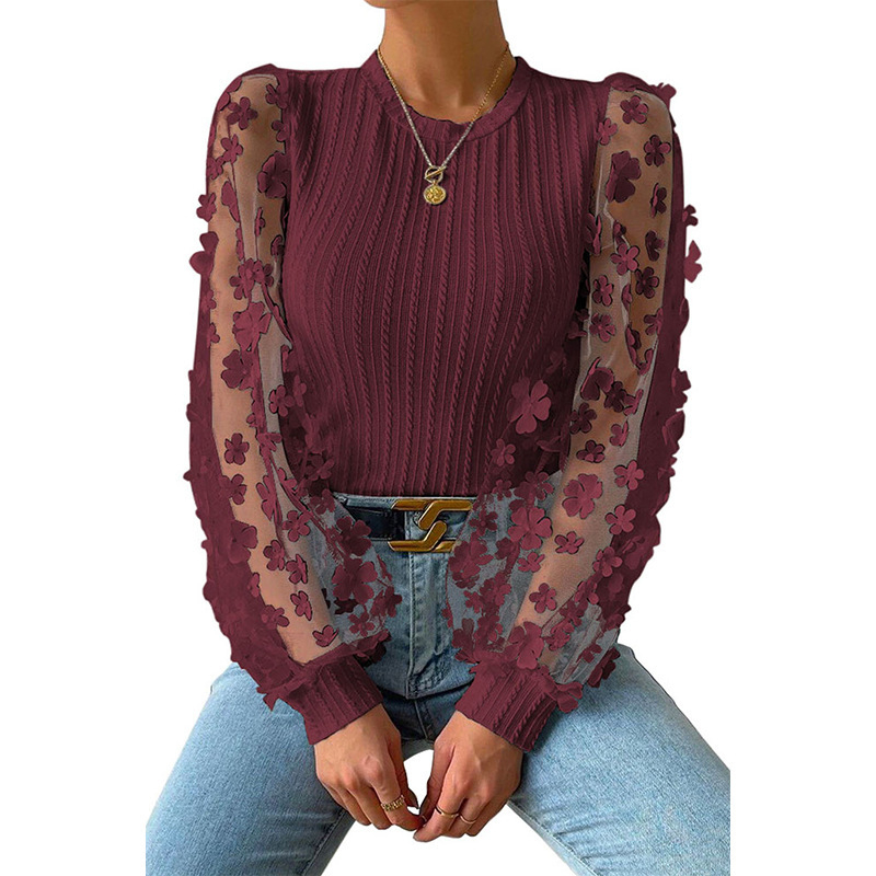 Ženska šifona bluza s mrežastim cvjetnim uzorkom, lantern rukav, okrugli izrez, pulover top (Materijal: šifon; Osnovni materijal: 95%+ poliester; Uzorak: mali lampioni; Vrsta rukava: lantern; Izrez: okrugli)