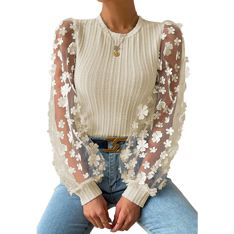 Ženska šifona bluza s mrežastim cvjetnim uzorkom, lantern rukav, okrugli izrez, pulover top (Materijal: šifon; Osnovni materijal: 95%+ poliester; Uzorak: mali lampioni; Vrsta rukava: lantern; Izrez: okrugli)