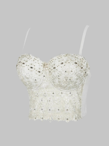 Бродирано презрамково бюстие с рибешки кости и диамантена украса, флорален мотив, тънък силует, ултра-къса дължина ≤40 см, полиестерен основен плат (80–90%) с до 30% спандекс