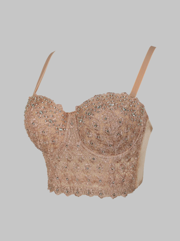 Бродирано презрамково бюстие с рибешки кости и диамантена украса, флорален мотив, тънък силует, ултра-къса дължина ≤40 см, полиестерен основен плат (80–90%) с до 30% спандекс