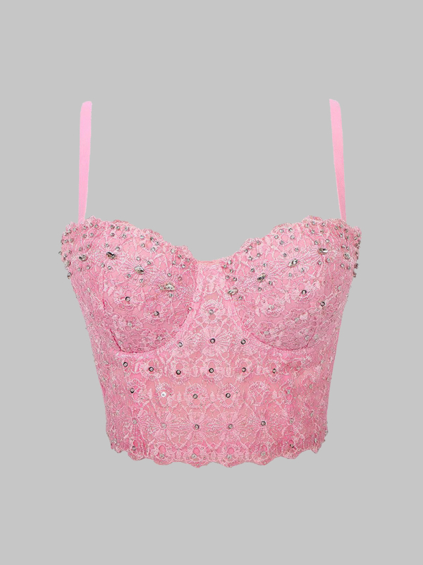 Бродирано презрамково бюстие с рибешки кости и диамантена украса, флорален мотив, тънък силует, ултра-къса дължина ≤40 см, полиестерен основен плат (80–90%) с до 30% спандекс