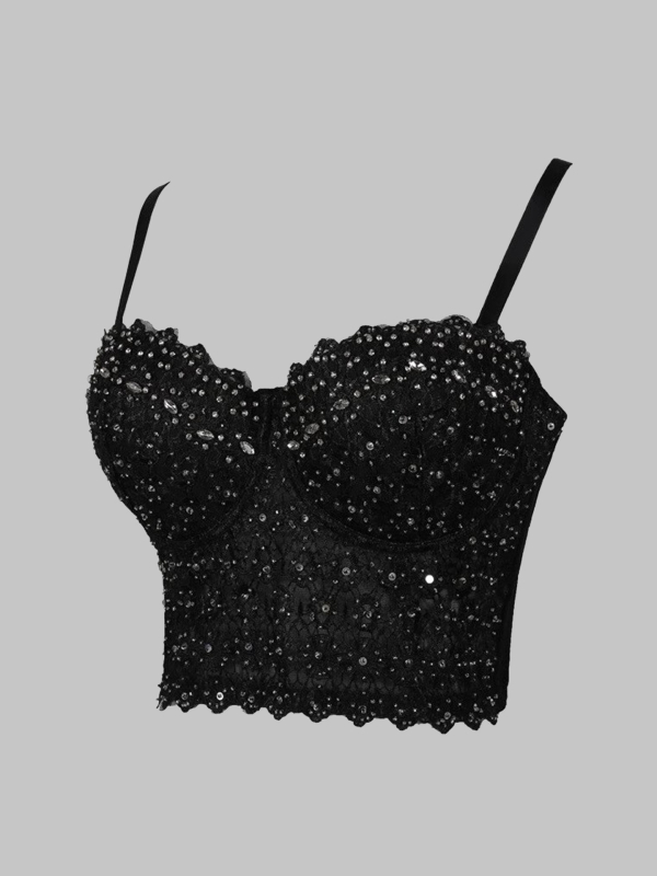 Бродирано презрамково бюстие с рибешки кости и диамантена украса, флорален мотив, тънък силует, ултра-къса дължина ≤40 см, полиестерен основен плат (80–90%) с до 30% спандекс