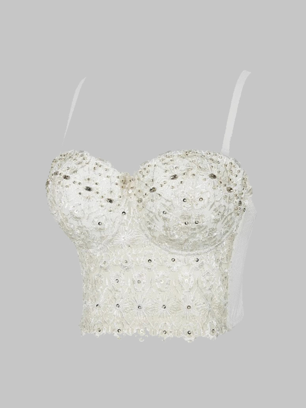 Бродирано презрамково бюстие с рибешки кости и диамантена украса, флорален мотив, тънък силует, ултра-къса дължина ≤40 см, полиестерен основен плат (80–90%) с до 30% спандекс