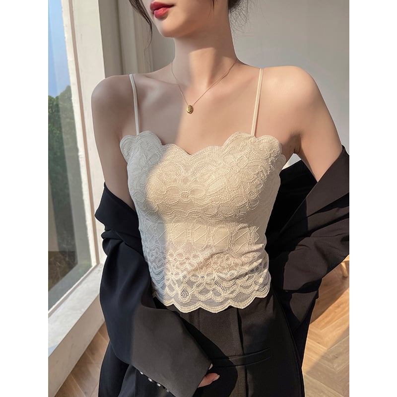 Čipkasta camisola bez naramenica s tankim oblikovanim košaricama, prozračan stražnji dio, najlon čipka