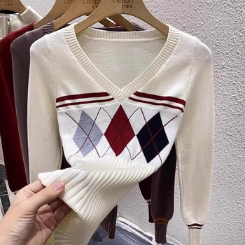Ženski džemper s geometrijskim dijamantnim uzorkom i V-izrezom, uski kroj, dugi rukavi, duljina 50–65 cm