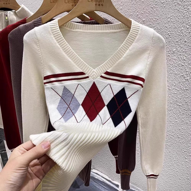 Ženski džemper s geometrijskim dijamantnim uzorkom i V-izrezom, uski kroj, dugi rukavi, duljina 50–65 cm