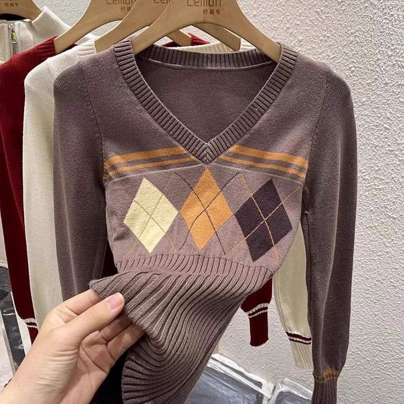 Ženski džemper s geometrijskim dijamantnim uzorkom i V-izrezom, uski kroj, dugi rukavi, duljina 50–65 cm