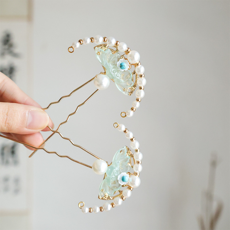 Стъклена шипка за коса с мотив цветя, античен стил, произход Джинан, лято 2024 г.