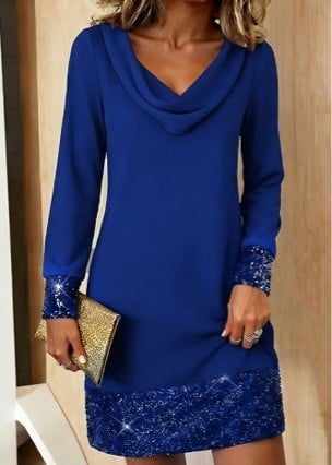 Φόρεμα Α-γραμμής με μανίκια καμπάνας, patchwork από δίχτυ και παγιέτες, γιακάς pile, μήκος midi, κέντημα πολυεστέρα