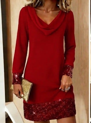 Φόρεμα Α-γραμμής με μανίκια καμπάνας, patchwork από δίχτυ και παγιέτες, γιακάς pile, μήκος midi, κέντημα πολυεστέρα