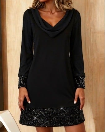 Φόρεμα Α-γραμμής με μανίκια καμπάνας, patchwork από δίχτυ και παγιέτες, γιακάς pile, μήκος midi, κέντημα πολυεστέρα