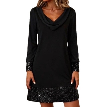 Φόρεμα Α-γραμμής με μανίκια καμπάνας, patchwork από δίχτυ και παγιέτες, γιακάς pile, μήκος midi, κέντημα πολυεστέρα