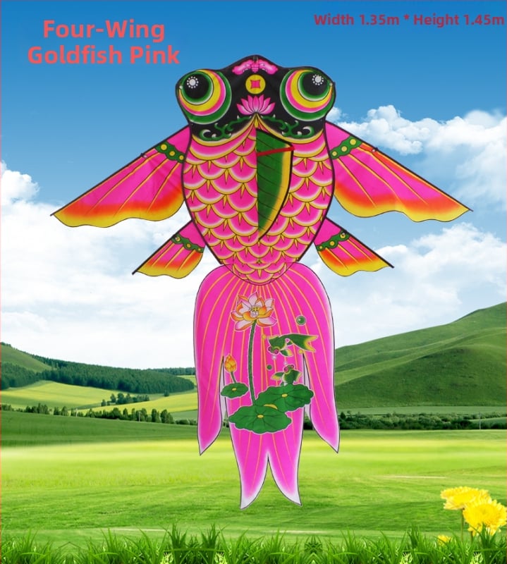 Τρίγωνος χαρταετός με σχέδιο φουσκωμένου χρυσόψαρου τεσσάρων φτερών, χειροποίητος, πολυεστέρας, σκελετός από ίνες γυαλιού