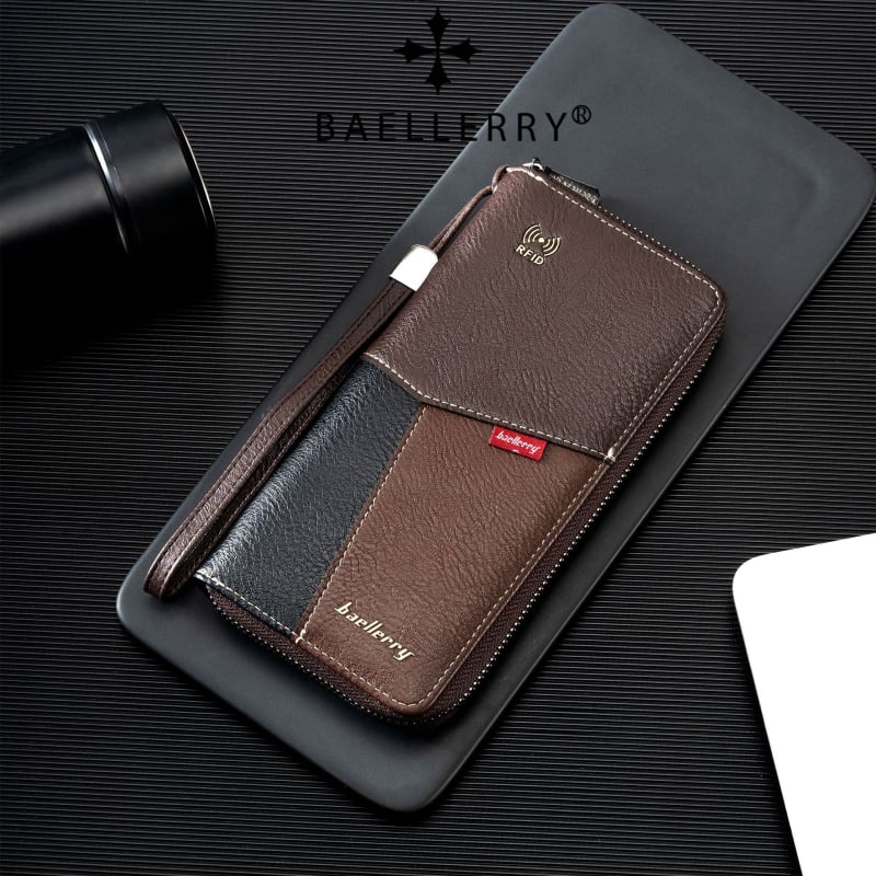 Baellerry ανδρικό μακρύ πορτοφόλι PU δέρματος με RFID προστασία από απάτη, αδιάβροχο, φερμουάρ, πολλαπλά τσεπιά για κάρτες