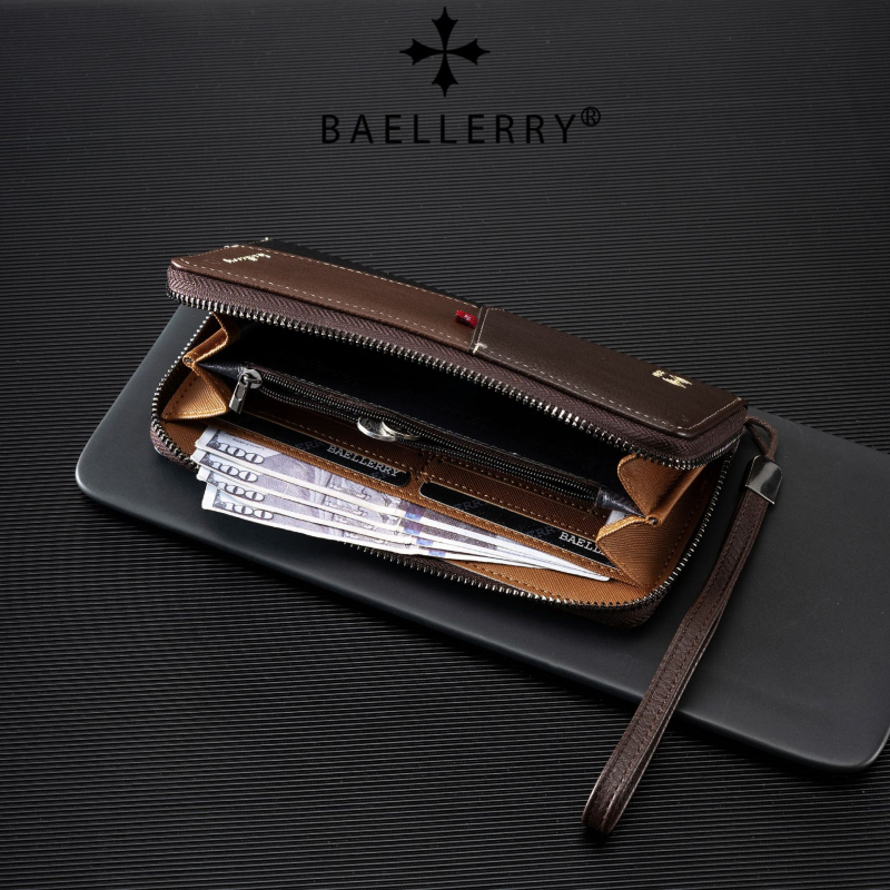 Baellerry ανδρικό μακρύ πορτοφόλι PU δέρματος με RFID προστασία από απάτη, αδιάβροχο, φερμουάρ, πολλαπλά τσεπιά για κάρτες