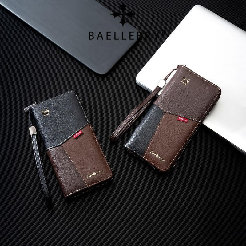 Baellerry ανδρικό μακρύ πορτοφόλι PU δέρματος με RFID προστασία από απάτη, αδιάβροχο, φερμουάρ, πολλαπλά τσεπιά για κάρτες