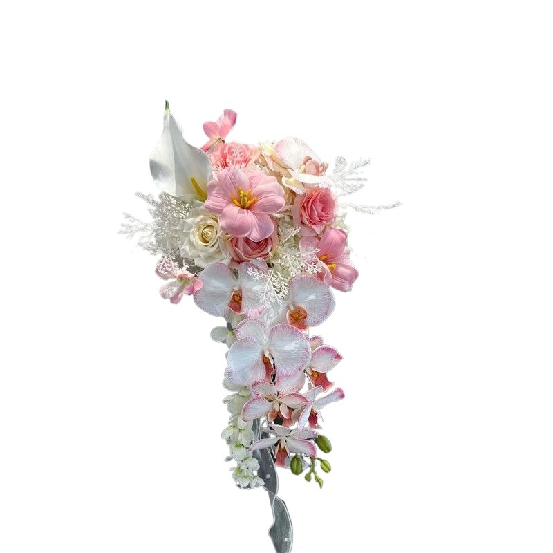 Menyasszonyi csokor kaszkádos vízeséses stílusban, orchideákkal és tulipánokkal, esküvői fotózáshoz, DIY