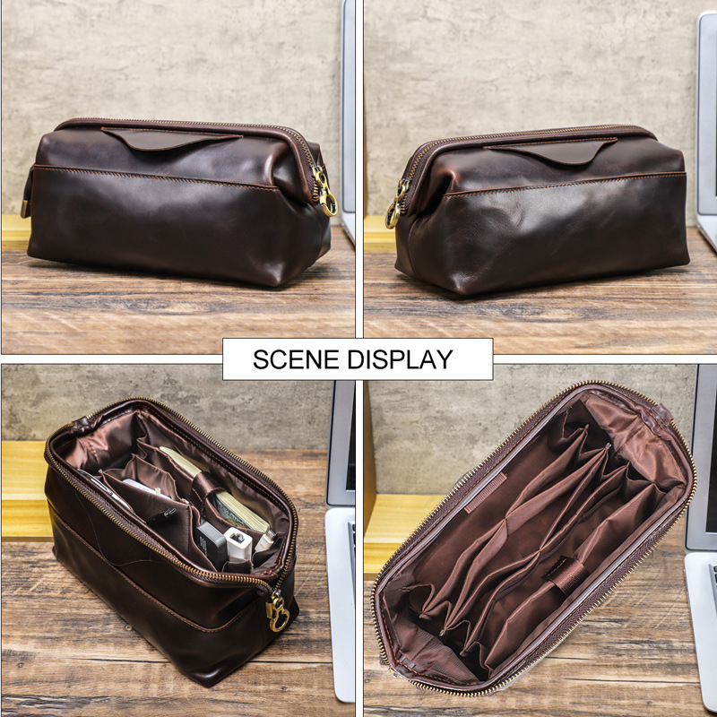 Мъжка кожена клъч чанта с RFID защита и Airtag съвместимост, водоустойчива (истинска кожа; първи слой кожа; RFID защита; Airtag съвместимост; водоустойчивост)