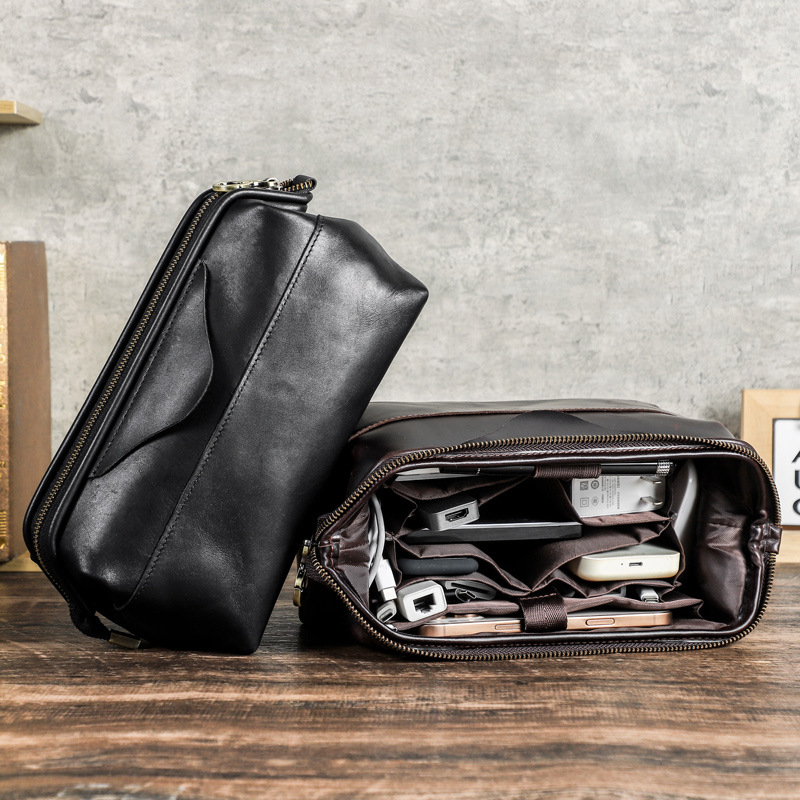 Мъжка кожена клъч чанта с RFID защита и Airtag съвместимост, водоустойчива (истинска кожа; първи слой кожа; RFID защита; Airtag съвместимост; водоустойчивост)