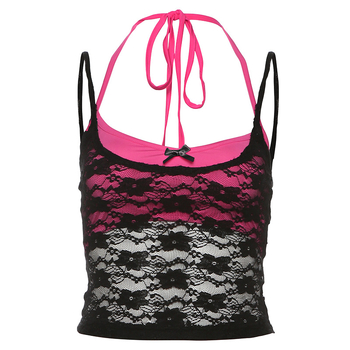 Двучастков дамски комплект: мрежеста халтер топ и wrap горнище, полиестер 90–95%, къс силует, уличен стил, лято 2024