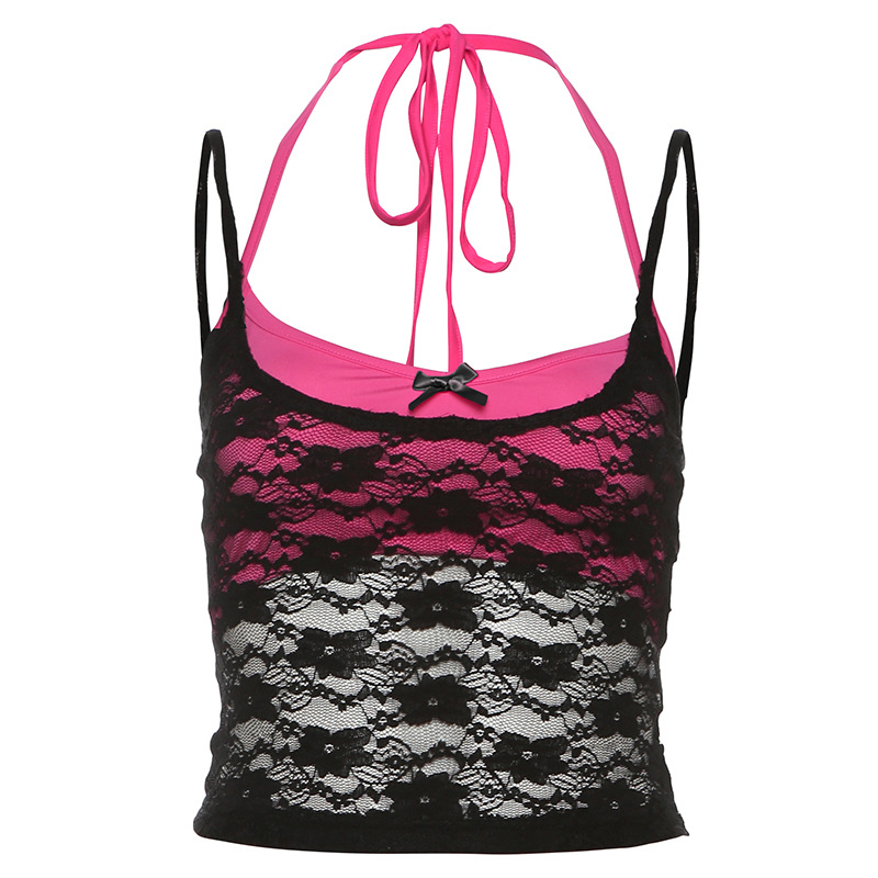 Двучастков дамски комплект: мрежеста халтер топ и wrap горнище, полиестер 90–95%, къс силует, уличен стил, лято 2024