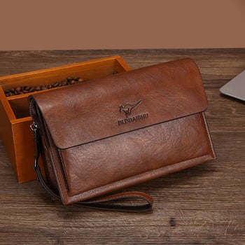 Férfi PU bőr clutch táska, üzleti utazási stílus, nagy kapacitású, csuklópánttal, vízálló és kopásálló, belső poliészter bélés