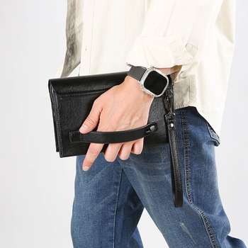 Férfi PU bőr clutch táska, üzleti utazási stílus, nagy kapacitású, csuklópánttal, vízálló és kopásálló, belső poliészter bélés