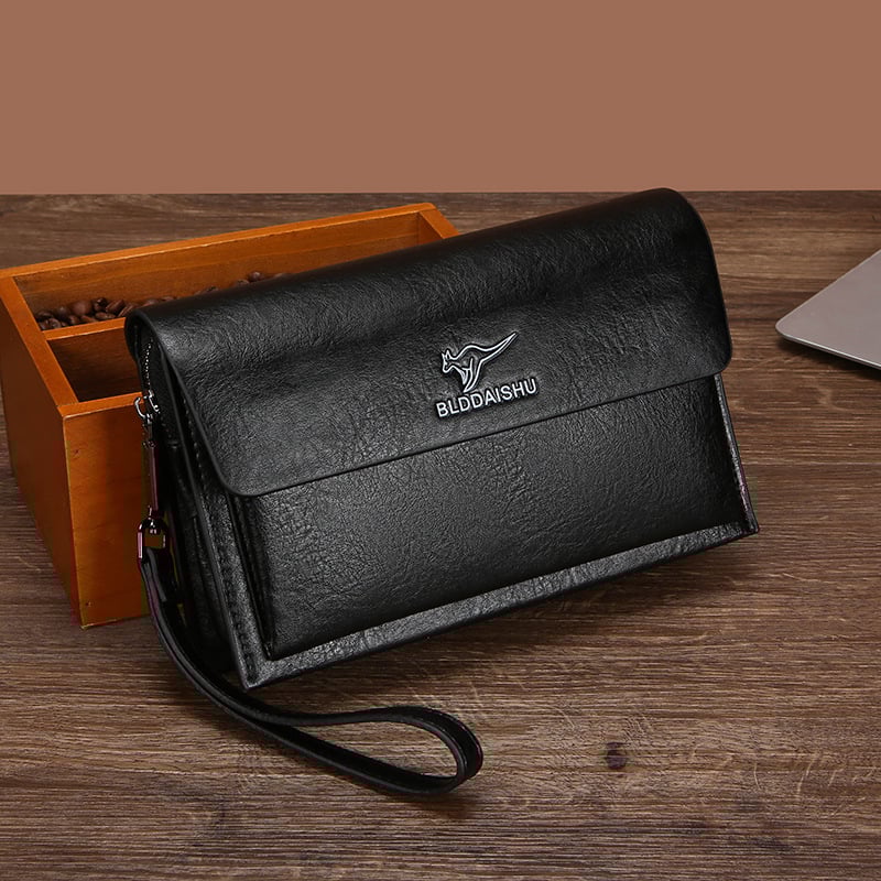 Férfi PU bőr clutch táska, üzleti utazási stílus, nagy kapacitású, csuklópánttal, vízálló és kopásálló, belső poliészter bélés