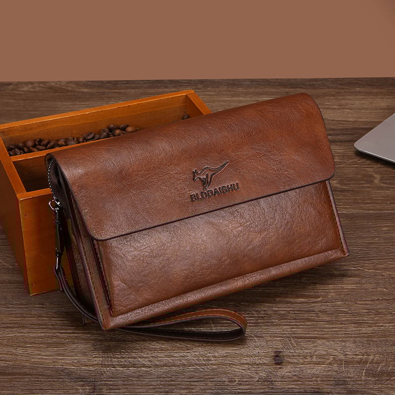Férfi PU bőr clutch táska, üzleti utazási stílus, nagy kapacitású, csuklópánttal, vízálló és kopásálló, belső poliészter bélés
