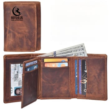 Portofel masculin tri-fold din piele naturală, fereastră transparentă pentru acte, primul strat de piele de vițel, respirabil, ultraușor, pentru utilizare zilnică