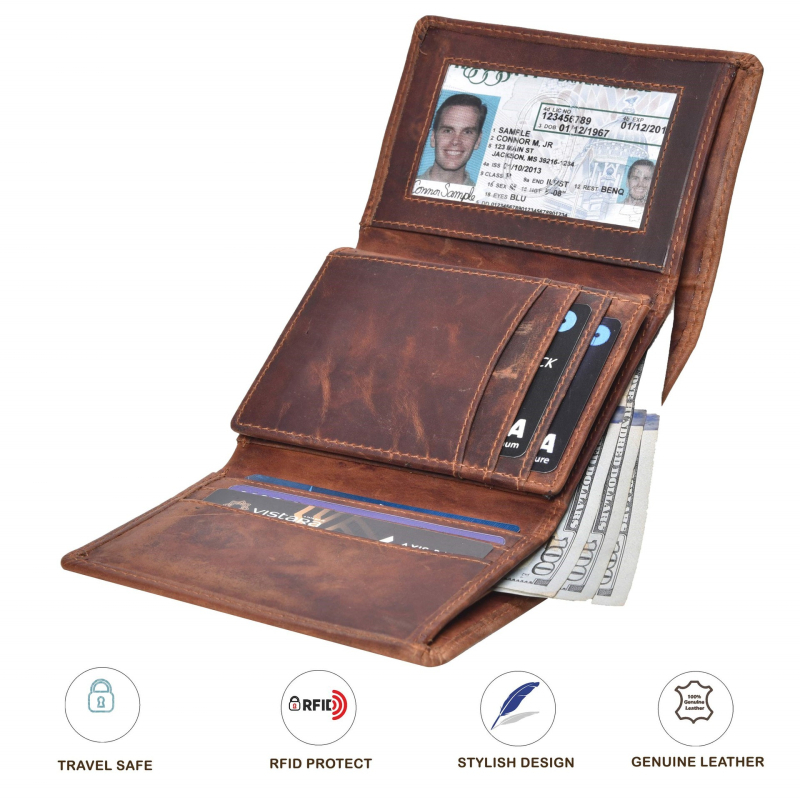 Portofel masculin tri-fold din piele naturală, fereastră transparentă pentru acte, primul strat de piele de vițel, respirabil, ultraușor, pentru utilizare zilnică