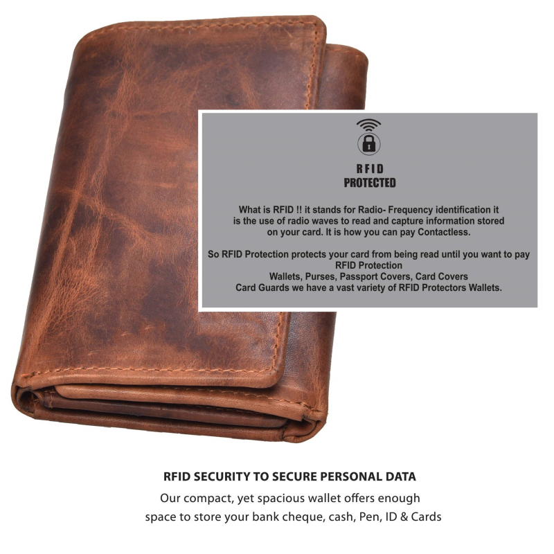 Portofel masculin tri-fold din piele naturală, fereastră transparentă pentru acte, primul strat de piele de vițel, respirabil, ultraușor, pentru utilizare zilnică