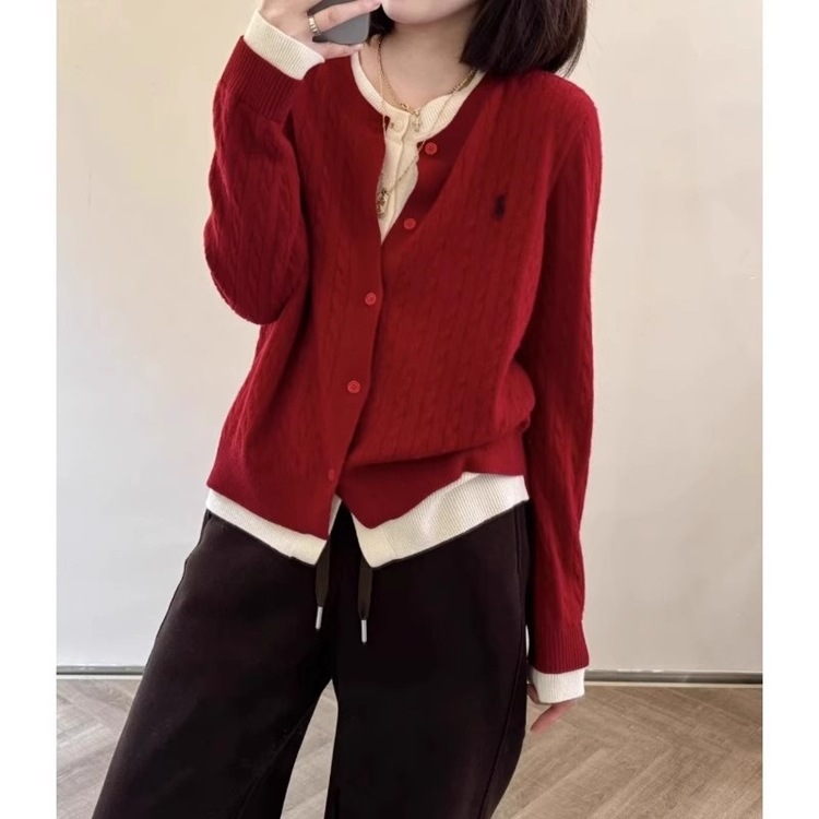 Cardigan s izvezenim poniem, twist pletenina, debela vuna, lažni dvodijelni dizajn, slobodan kroj