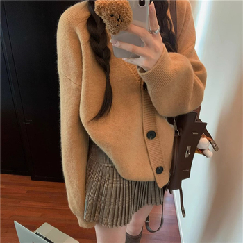 Női kötött kardigán V-nyakkal, laza szabás, cashmere-keverék nylon/acril, hosszú ujjak, zárás egy gombbal, ősz 2024