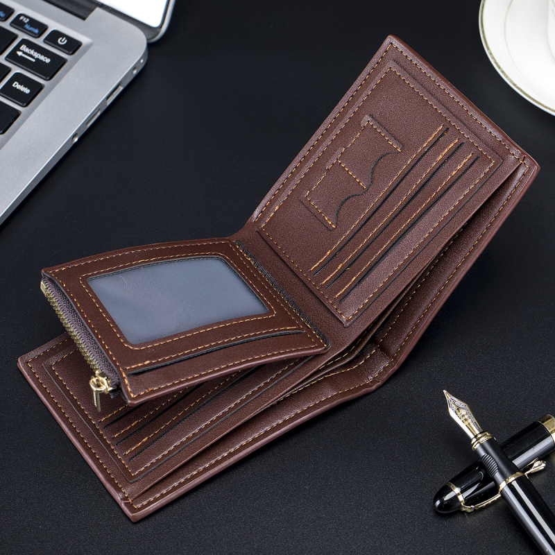 Portofel mic pentru bărbați, cu țesătură gravată, PU, slot SIM, mai multe buzunare pentru carduri, fermoar cu trei segmente