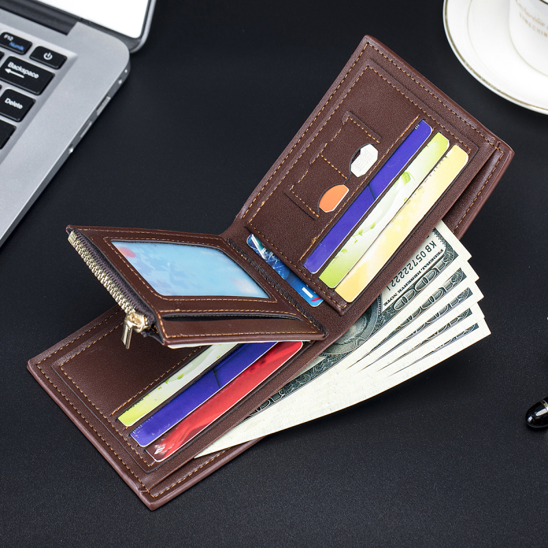 Portofel mic pentru bărbați, cu țesătură gravată, PU, slot SIM, mai multe buzunare pentru carduri, fermoar cu trei segmente