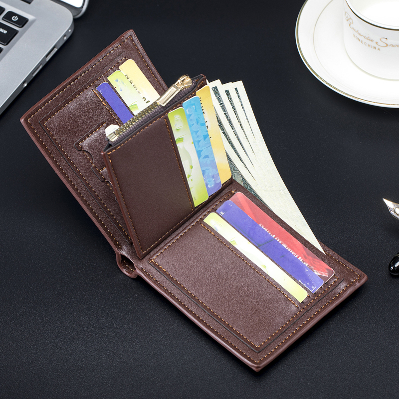 Portofel mic pentru bărbați, cu țesătură gravată, PU, slot SIM, mai multe buzunare pentru carduri, fermoar cu trei segmente